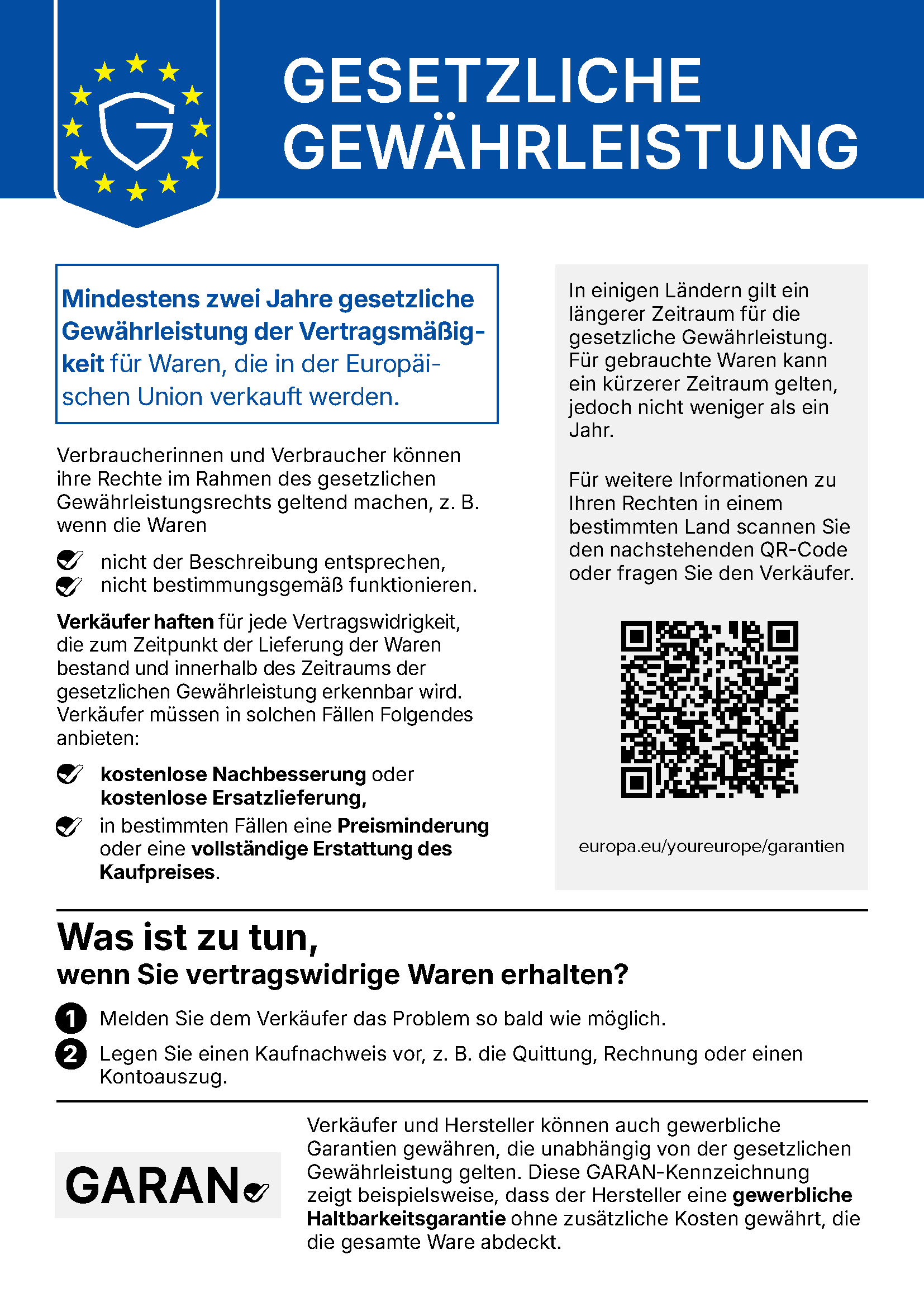 EU Gesetzliche Gewährleistung – Offizielles Pflichtmuster